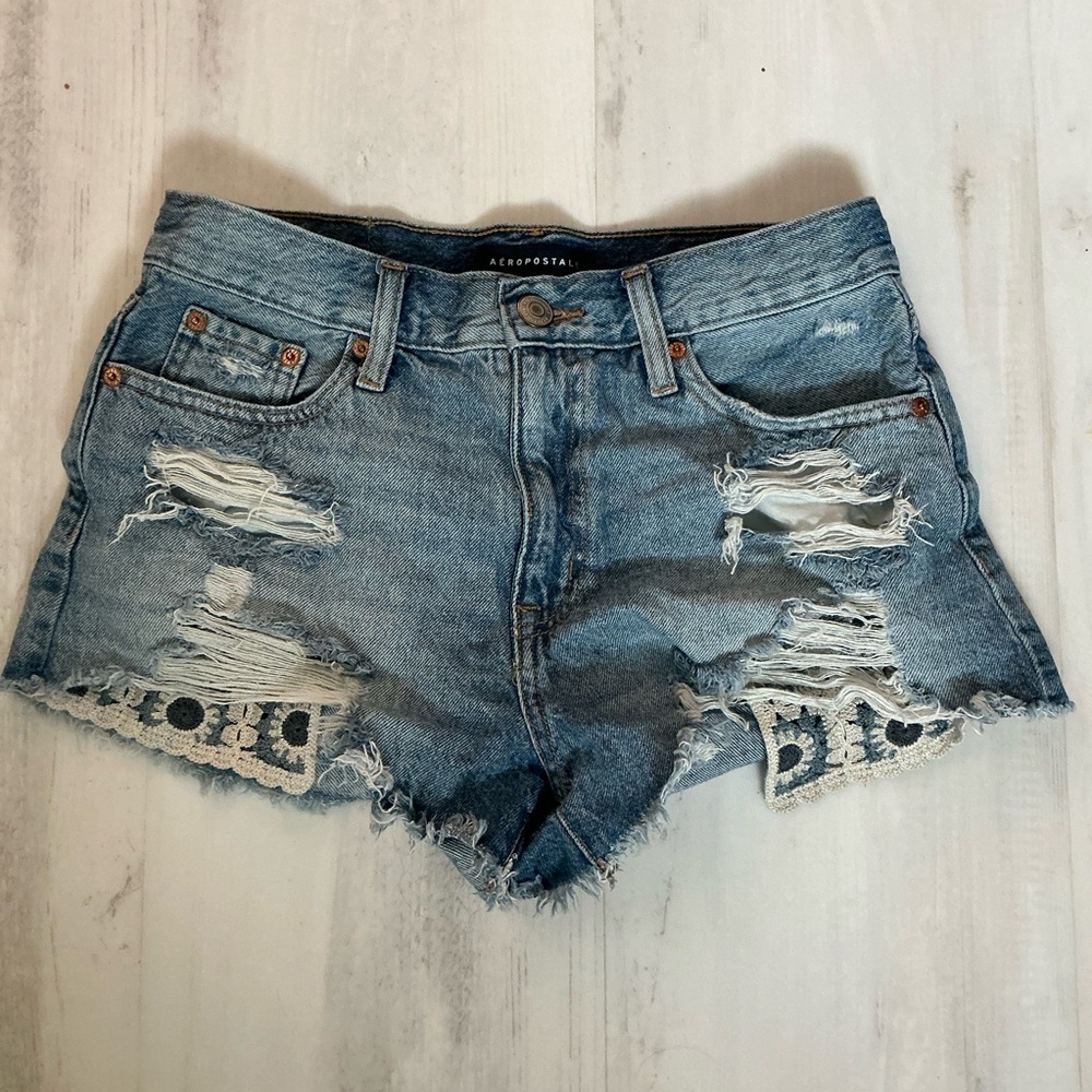 Aeropostale Light Blue Ripped Jean Shorts with Embroidered Flower Pockets - Picture 2 of 5